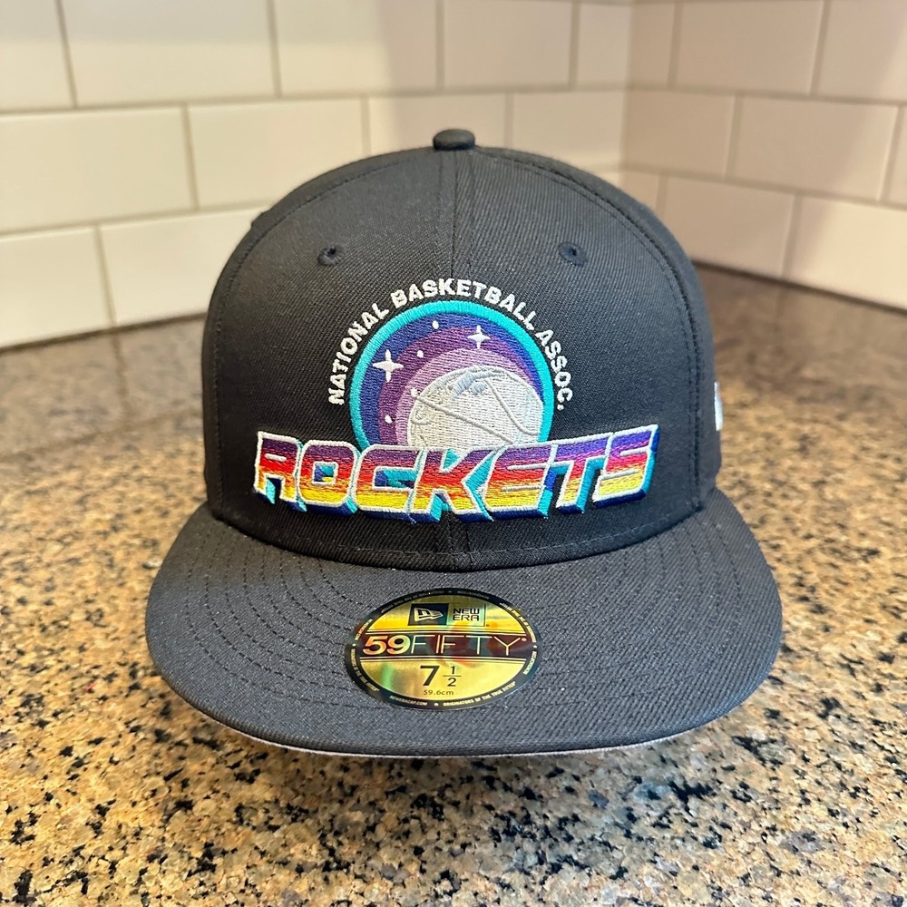 Houston Rockets New Era 59FIFTY Fitted Hat 7 1/2 Black NBA Retro Space Logo